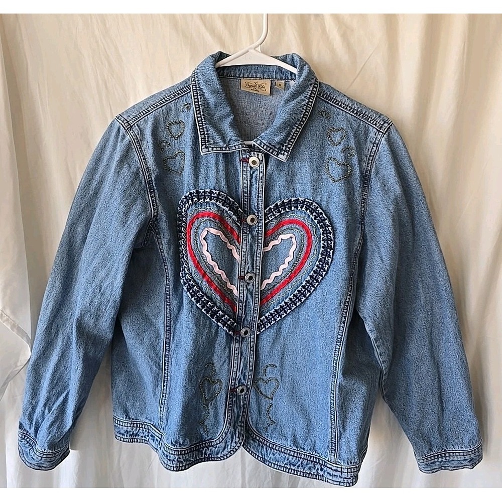 Crystal Kobe Denim Jacket With Fabric & Beaded Heart Designs Button-Up Size S‎